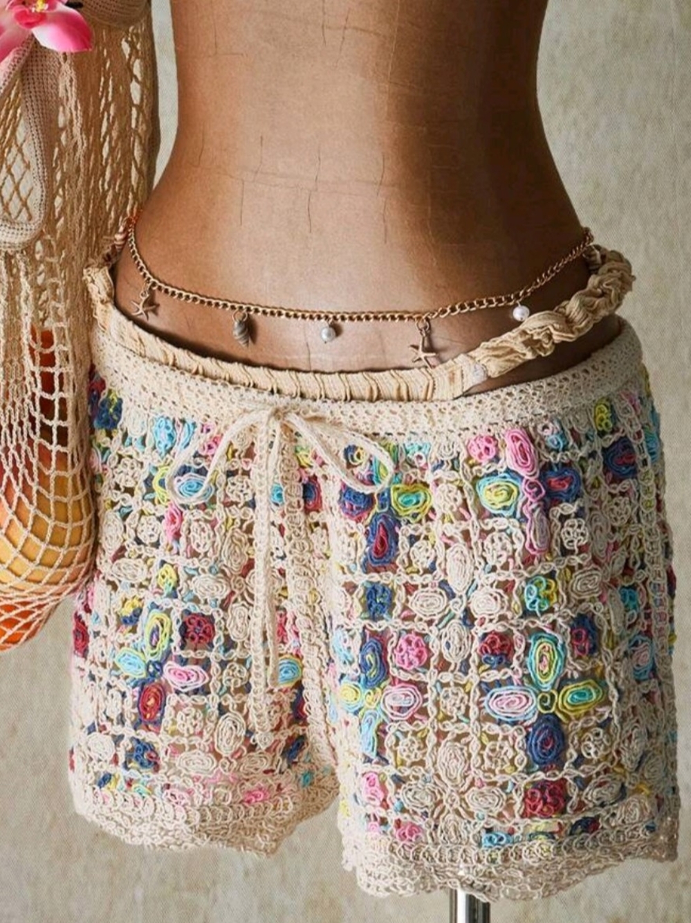 SHEIN Cream Crochet Floral Multicolor Beach Shorts